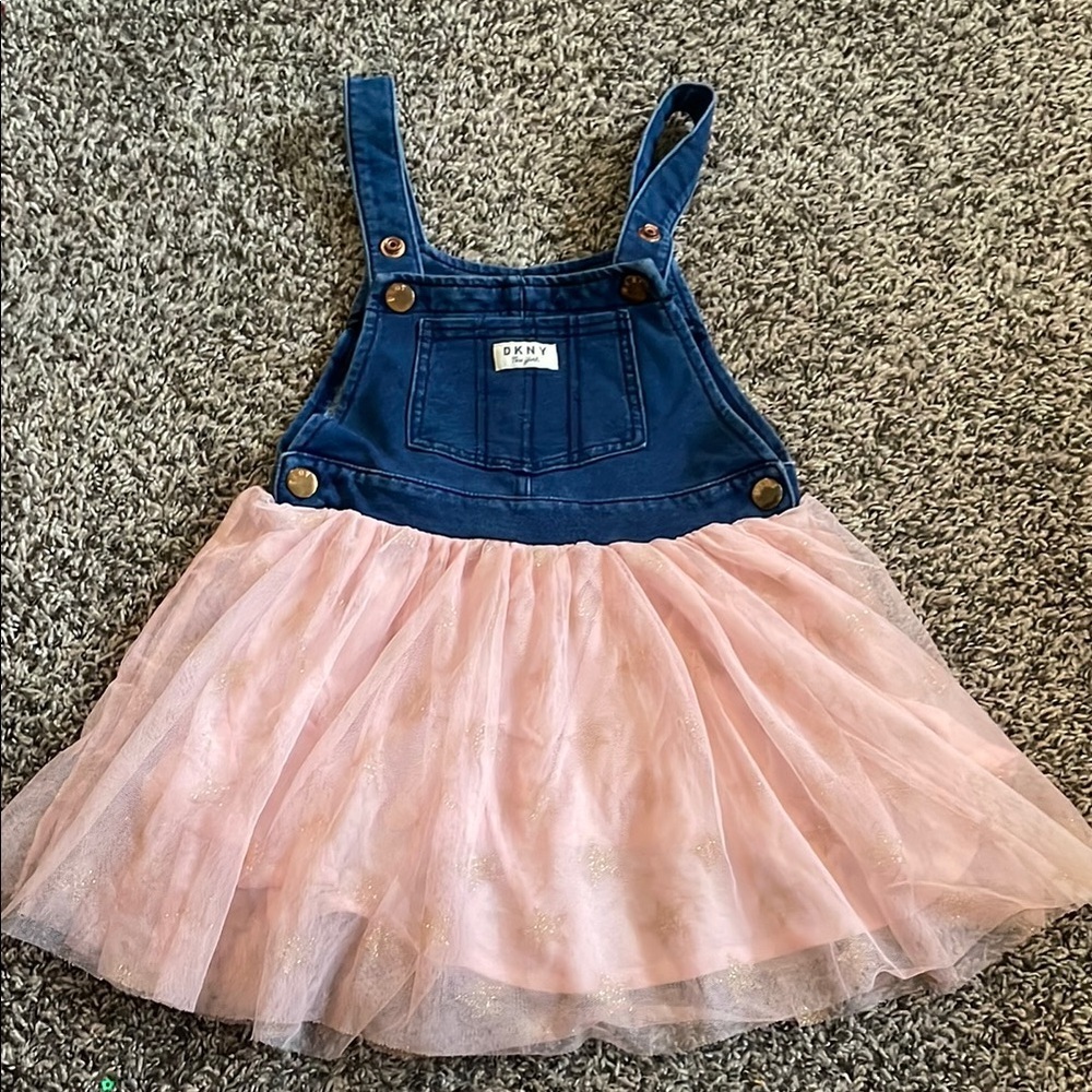 DKNY Blue Denim and Pink Tulle Girls Overalls